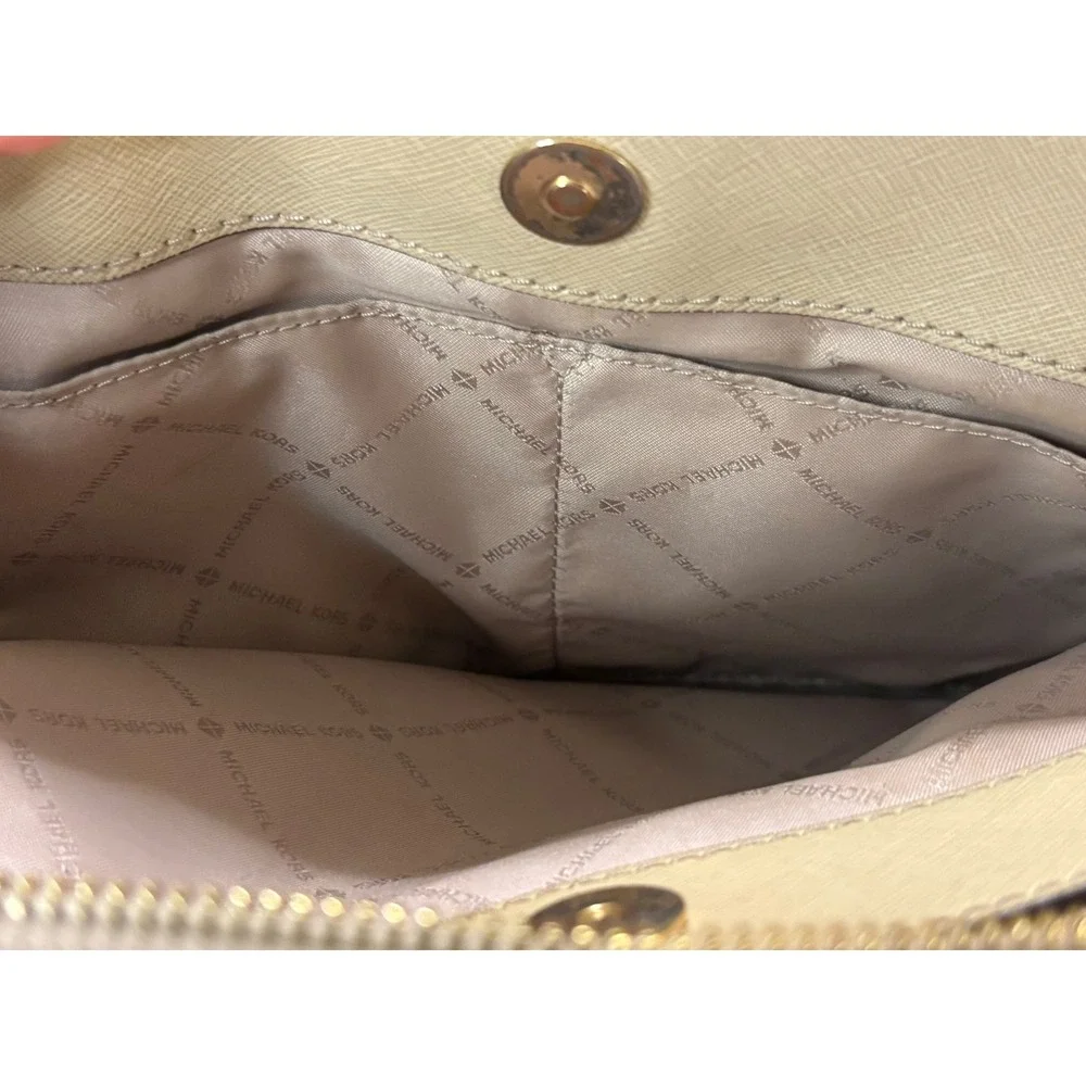 Michael Kors Beige Saffiano Leather Satchel Crossbody Handbag Gold Hardware